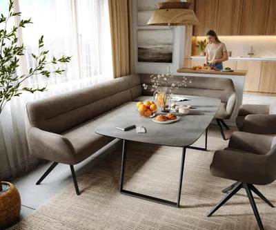 Produktbild von DELIFE Esszimmerbank Taya-Flex 285x190 cm Mikrofaser Taupe Vintage Kreuzgestell kantig Schwarz Taschenfederkern Links