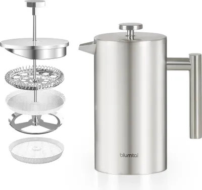Produktbild von Blumtal French Press aus Edelstahl,Thermo Kaffeebereiter doppelwandig isoliert mit Messskala inkl. Ersatzfilter & Anleitung