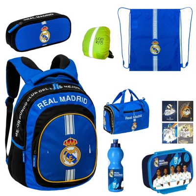Produktbild von Schulranzen für Mädchen, 8er-Set - Schul-Rucksack für Kinder mit Schlampermäppchen- Schuhbeutel Sporttasche und Regenschutz - Real Madrid Motiv