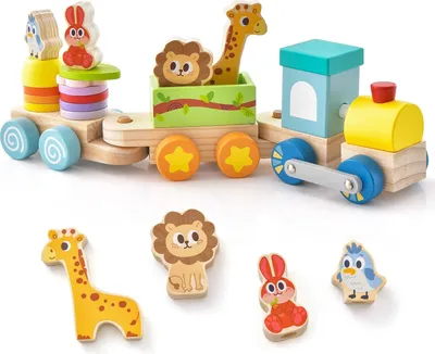 Produktbild von 3-teiliges Holzeisenbahn-Set, Zug Spielzug mit niedlicher Lokomotive & Tierfiguren & stapelbaren Holzklötzen, Kinderspielzueg Lernspielzueg aus Massivholz, für Kinder ab 3 Jahren