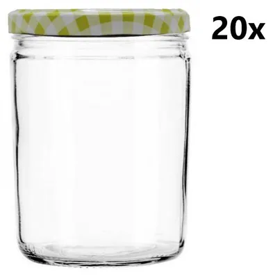 A clear glass jar with a checkered lid and a quantity indicator.