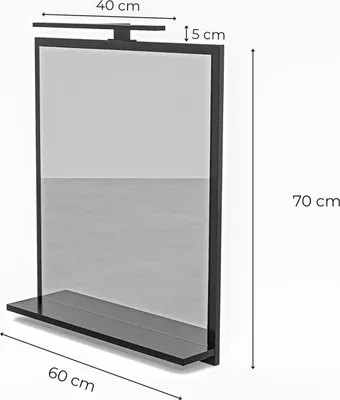 A black rectangular bathroom mirror with a shelf and integrated LED lighting, shown with dimensions indicated.