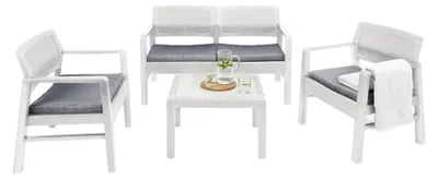 Produktbild von Outdoor-Lounge-Set Dauter, Gartengarnitur mit 2 Sesseln, 1 Sofa und 1 Couchtisch, Sitzecke in Rattan-Optik mit Kissen, 100 %  Italy, Weiß