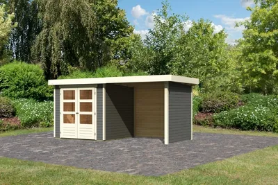 Produktbild von Karibu Gartenhaus Gerätehaus Askola 2 im Set mit Anbaudach 2,40 m Breite und 19 mm Seiten- Rückwand terragrau 433x217x211 cm