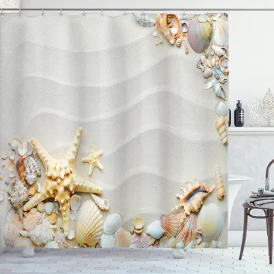Produktbild von ABAKUHAUS Seestern Duschvorhang, Seeküste mit Sand mit buntem tropischem Wasser-Thema der verschiedenen Seashells, 175 x 240 cm, Mehrfarbig