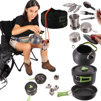 Produktbild von Campinggeschirr Set 18-teilig: Topf Pfanne Kessel Etui