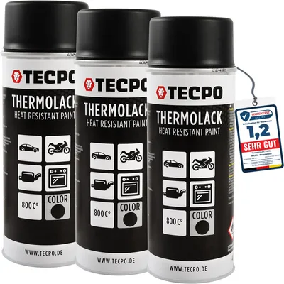 Produktbild von TECPO Thermolack Spray Dose 3X 400ml Auspufflack Autolack Ofenlack Bremssattellack hitzebeständig bis 800°C schnell trocknend Auto Lackspray Schwarz Matt schützt Motor und Auspuff vor Rost (3er-Pack)
