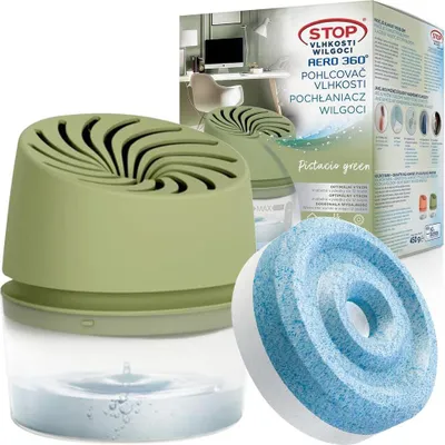 A product shot of a green dehumidifier with a blue absorbent disc and its packaging.