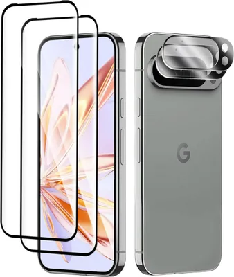 A product image showing screen protectors and a camera lens protector for a Google Pixel 9 Pro XL phone.