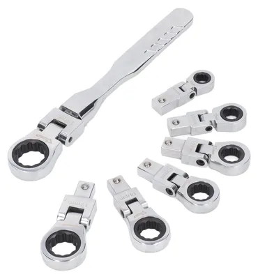 Obrázek produktu pro Sada klíčů s ráčnou, 8 kusů - Flexibilní hlava, 180 stupňů - Chrom-vanadiová ocel - Klíče: 8/10/12/13/14/17/19 mm - Pro opravy automobilů - Obsahuje rukojeť - Sada klíčů