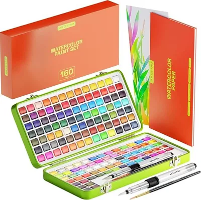 Imagen del producto de Set de pinturas acrílicas Silecomplaza, 160 colores, con pinceles y papel para acuarela. Set de acuarela portátil, ideal para viajes. Set de acuarela para artistas y aficionados a la pintura