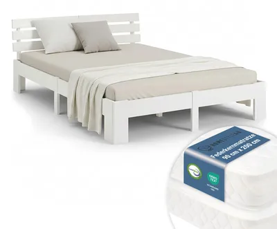 Image de Lit double en bois 180x200 avec 2 matelas à ressorts blanc Cadre de lit en bois massif sommier à lattes