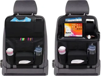 Image de Protection pour siège auto avec tablette rabattable et plateau, sac, protection pour les genoux et le dossier, rangement pour jouets, boissons et livres