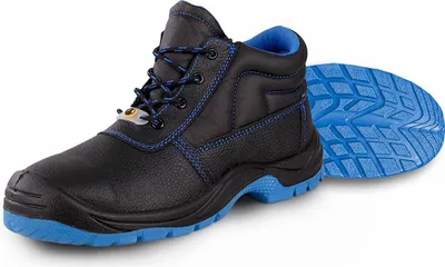 A black work boot with blue accents and a separate blue sole are shown against a white background.