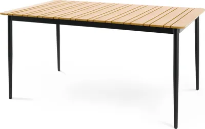 A rectangular outdoor table with a slatted wood-look top and black metal legs, shown against a white background.