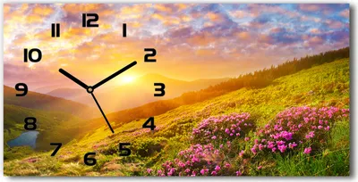 Produktbild von Wanduhr aus Glas – 60x30 cm - Glasbild - Glasuhr - Gehärtetes Glas - schwarze-zeiger - Sunset Berge