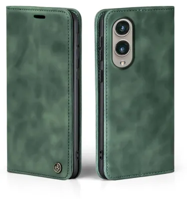 A green flip case for a smartphone, shown from two angles.