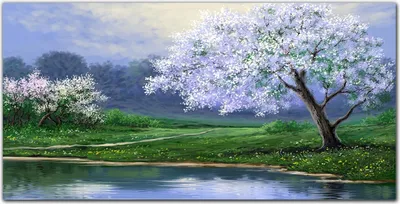 Produktbild von Coloray Bild aus Acryl 120 cm x 60 cm - Acrylblock mit Bild Gehärtetes Acryl Wohnzimmer Küche Dekoration Wanddekoration - See Baumblüten