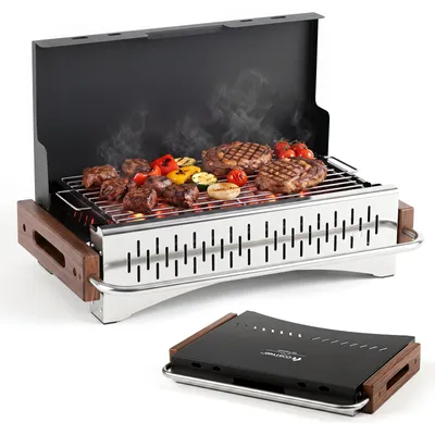 Zdjęcie produktu dla Grill węglowy COSTWAY, mały, przenośny, składany, idealny na kemping, z 2 regulowanymi wysokościami ruszta, grill turystyczny, mini grill, wymiary: 50,5 x 33,5 x 6,5 cm
