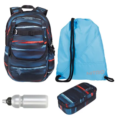 Produktbild von Schulrucksack Jungen Mädchen Tasche 4 Teile Set Nitro Future Hero Rucksack inkl. Mäppchen Box, Sportbeutel, Trinkflasche blau rot Acid Dawn +rtmf