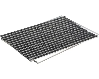 A product shot of an entrance mat with a metal frame and a ribbed surface.