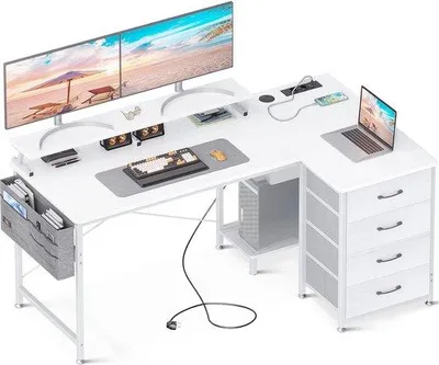 Produktbild von Unyqoos® L-förmiger Eckschreibtisch Weiß 140 x 80 x 87 cm, 4 Schubladen, Monitorablage, 2 Steckdosen & 2 USB, MDF & Metallgestell