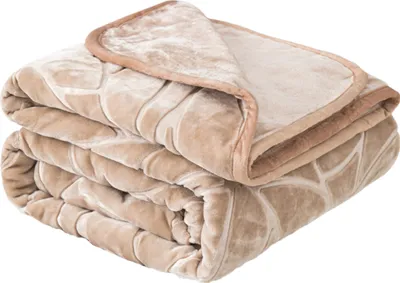 A folded beige blanket with a textured pattern.