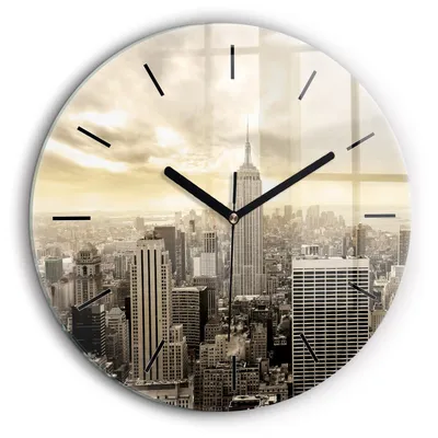Produktbild von Wallfluent Große Wanduhr – Stilles Quarzuhrwerk - Uhr Dekoration Wohnzimmer Schlafzimmer Küche - Zifferblatt mit Striche - schwarze Zeiger - 60 cm - Wolkenkratzer in New York