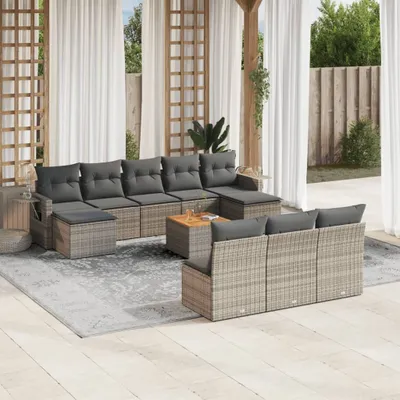 Produktbild von Design 11-tlg. Garten-Sofagarnitur mit Kissen Grau Poly Rattan, Gartensofas 2024 Neu