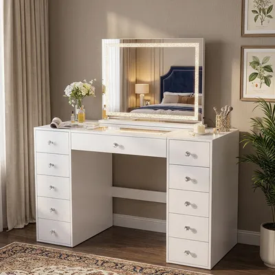 Image de Coiffeuse VANITII avec miroir de maquillage à bande lumineuse diamantée LED et éclairage LED sur plateau, design élégant et moderne, blanc