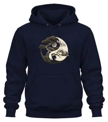 Imagen del producto de Sudadera con capucha uni, diseño "Árbol de la vida", símbolo Yin Yang, luna, Zen, equilibrio, naturaleza, meditación, yoga. Color azul marino, talla XXL