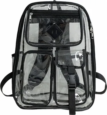 Produktbild von Transparenter Rucksack mit verstärkten Nähten, Reißverschluss, großes Fassungsvermögen, verstellbar, robust, große, transparente PVC-Schultasche