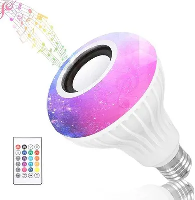 Image de Ampoule LED avec fonction Bluetooth, sélection de couleurs RGBW, culot E26, télécommande, haut-parleurs intégrés, 100-240 V