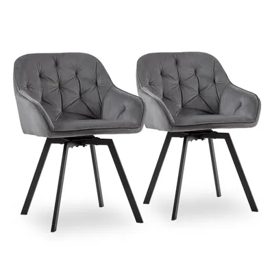 Two gray velvet swivel chairs with black metal legs are shown against a white background.