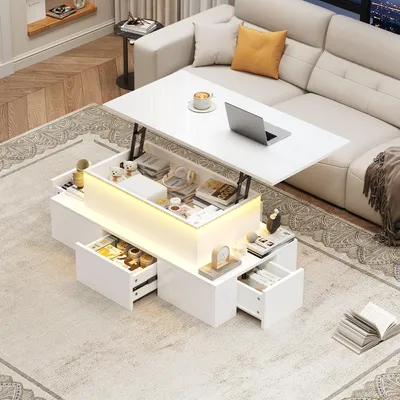 Obrázok produktu pre Konferenčný stolík 100 x 50 x 40 cm, výškovo nastaviteľný konferenčný stolík z MDF vo farbe bielej, s 4 zásuvkami, skrytým úložným priestorom a LED osvetlením