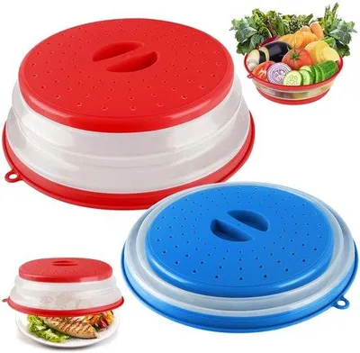 Produktbild von Unyqoos® 2er-Set faltbare Mikrowellenhauben mit integriertem Sieb – Spritzschutz, wärme- & feuchtigkeitsbewahrend, BPA‑freier Kunststoff, platzsparend