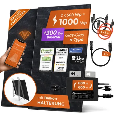 Produktbild von Solarway® Balkonkraftwerk 1000W komplett Steckdose - Envertech 800 Watt Wechselrichter - Solaranlage Komplettset - 500W Solarmodule & Balkon Halter