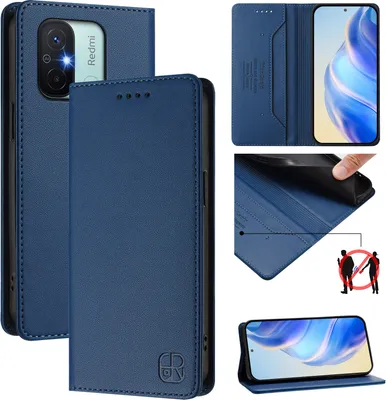 Obrázek produktu pro Kožené pouzdro pro Xiaomi Redmi 12C, flipové pouzdro s přihrádkami na karty, peněženkou a stojánkem Modrý