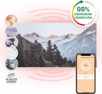 Produktbild von Klarstein Infrarotheizung mit Thermostat, 700W Elektroheizung, Smart Home Bild-Infrarotheizung zur Wandmontage, IR mit IoT/WiFi App-Control, Feuchtraum Flach-Heizkörper, CO2-Freie Wand Heizung