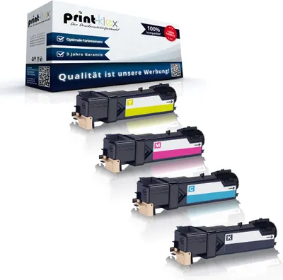 Four toner cartridges are displayed in front of a product box.