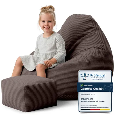 Image de Dreamroots Bean Bag 70x70x70 cm Pouf enfants avec dossier et tabouret et housse Coussin de sol Chill Sack Pouf avec garnissage, Roasted Cocoa