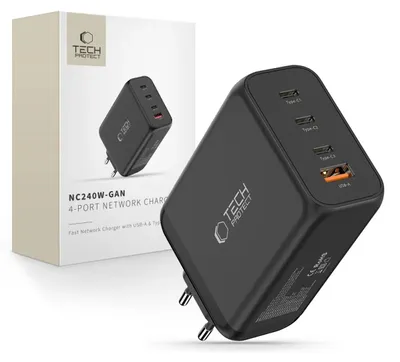 Obrázok produktu pre TECH-PROTECT NC240W-GAN, sieťová nabíjačka s 4 portami, podpora PD 240W / QC3.0, čierna (5906302352364)