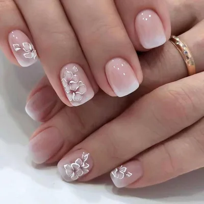Image de 24pcs Blancs Angles Courts Press-on Ongles avec Motif Fleuri, Gradient Rose - ongles artificiels pour Nail Art