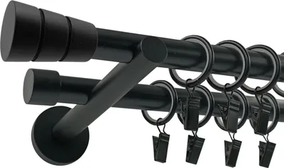 A double curtain rod with rings and clips, shown against a white background.