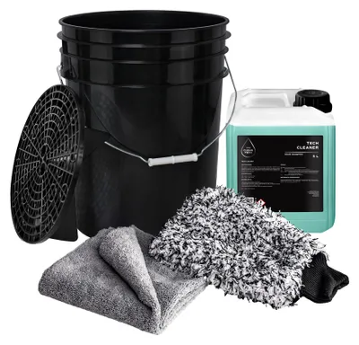 Produktbild von Benbow Auto Waschset, Set 9-tlg, 20L Schwarz Wascheimer, Schmutzsieb, Waschhandschuh, 5x Microfasertücher, 5L Autoshampoo-konzentrat, Autoaufbereitung