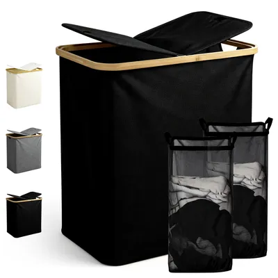 Produktbild von Ribelli Wäschekorb mit Deckel und Herausnehmbar Wäschesack, Wäschetonne Schmal für Waschküche, Bad, Schlafzimmer, 104L