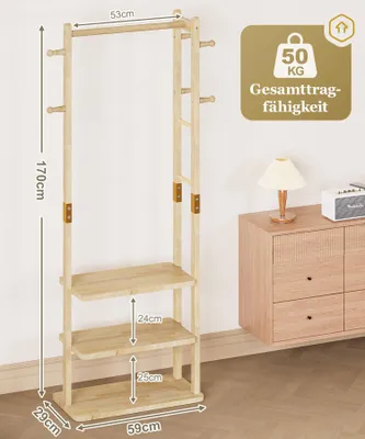Imagen del producto de Perchero de madera independiente con 3 estantes, 6 ganchos y barra para colgar, ideal para el salón