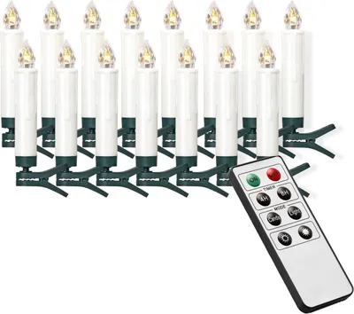 A set of 15 wireless LED Christmas tree candles with a remote control, displayed against a white background. The remote control is in the foreground.