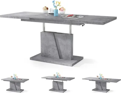 A concrete-effect extendable and height-adjustable dining table is shown from a front-side angle. Below the main image, three smaller images show the table in different configurations.