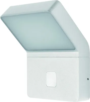 A white outdoor wall light with a motion sensor.